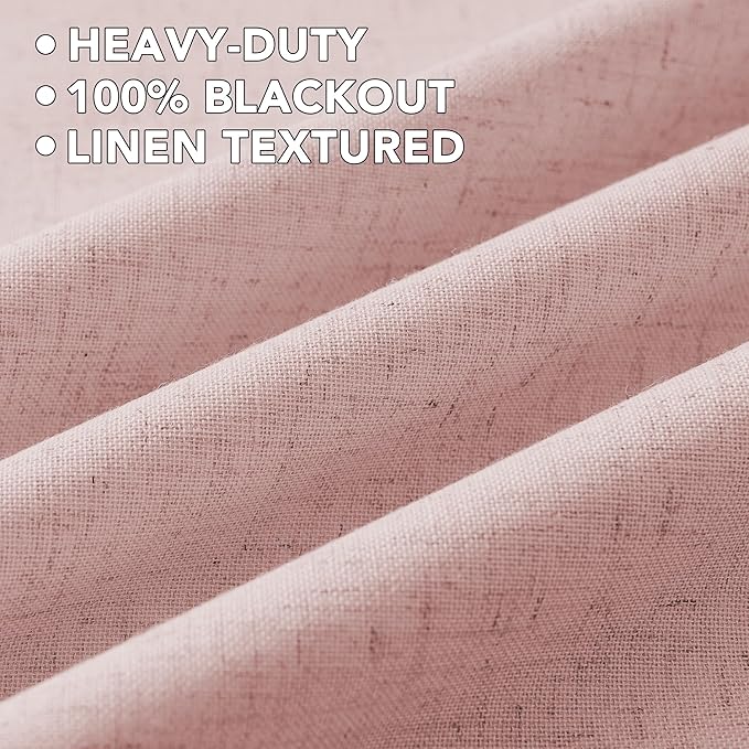 H.VERSAILTEX Linen Curtains 100% Blackout Curtains for Bedroom 45 inch Long Full Light Blocking Nature Linen Blended Window Curtains for Living Room Nickel Grommet (2 Panels, Heathered Baby Pink)