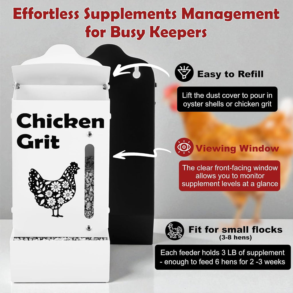 CluckRoots Chicken Grit and Oyster Shell Feeder Combo, No-Spill Metal | Lift-Off Heavy-Duty Dispenser w/ Rain Lid View Window, Small Flocks Capacity, Chicken Coop Accessories Gifts for Lovers