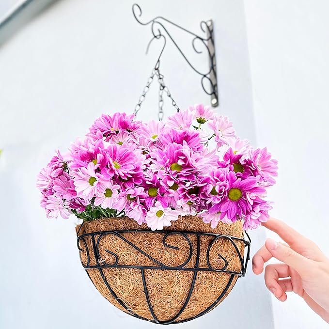 LaLaGreen Hanging Planter for Outdoor Plants (12 Inch, 6 Pack) Hanging Baskets with Coco Liner, Black Metal Wire Flower Basket Pots with Hook Hanger Balcony Porch Farmhouse Country Style Garden Decor