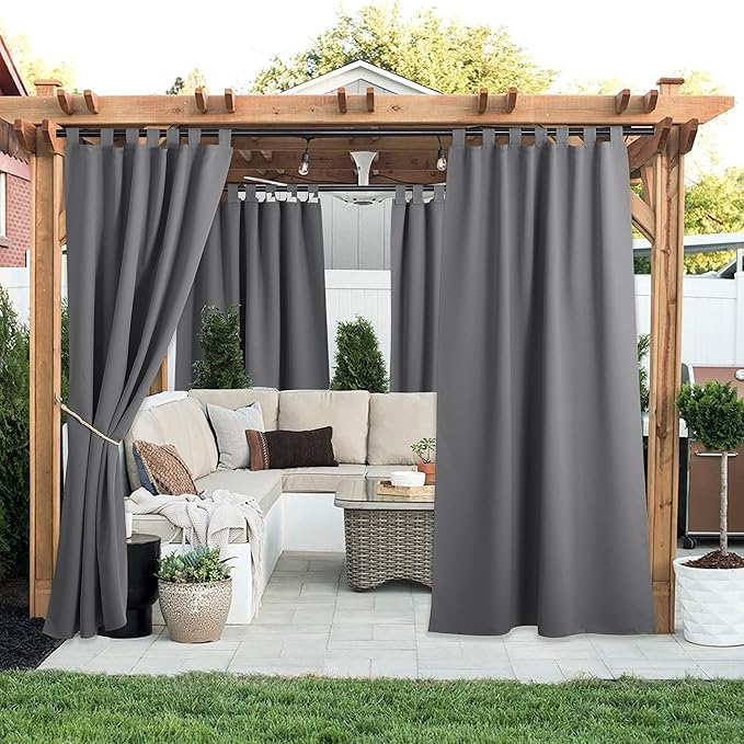 NICETOWN 2 Panels Patio Curtains Outdoor Waterproof 84 Long, Detachable Sticky Tab Top Heavy Weight Blackout Sunblock Window Treatment, Keep Privacy for Gazebo/Dock, W52 x L84, Grey