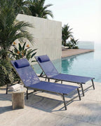 Foldable Chaise Lounge Chair with Cup Holder, Assemble-Free Outdoor Lounge Chair with Detachable Pillow and 6 Adjustable Backrest, Patio Lounge Chair for Outside Poolside Beach Pool, Blue