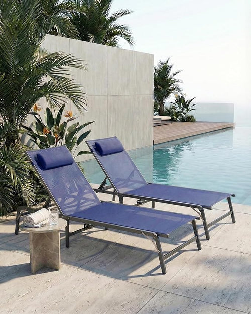 2 Pack Foldable Chaise Lounge Chair with Cup Holder, Assemble-Free Outdoor Lounge Chair with Detachable Pillow and 6 Adjustable Backrest, Patio Lounge Chair for Outside Poolside Beach Pool, Blue