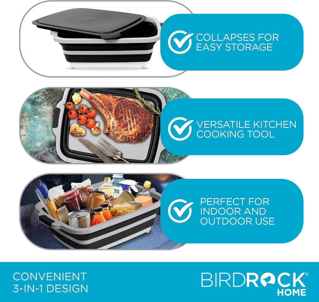 BIRDROCK HOME Collapsible XL BBQ Prep Tub w/Cutting Board, Multi-Function Grill Caddy w/Colander & Lid, Portable Silicone Dish Bowl for Picnic, Tailgate, Camping - Black | Grill Caddy Food Marinating Container with Lid and Meat Cutting Board - Portable