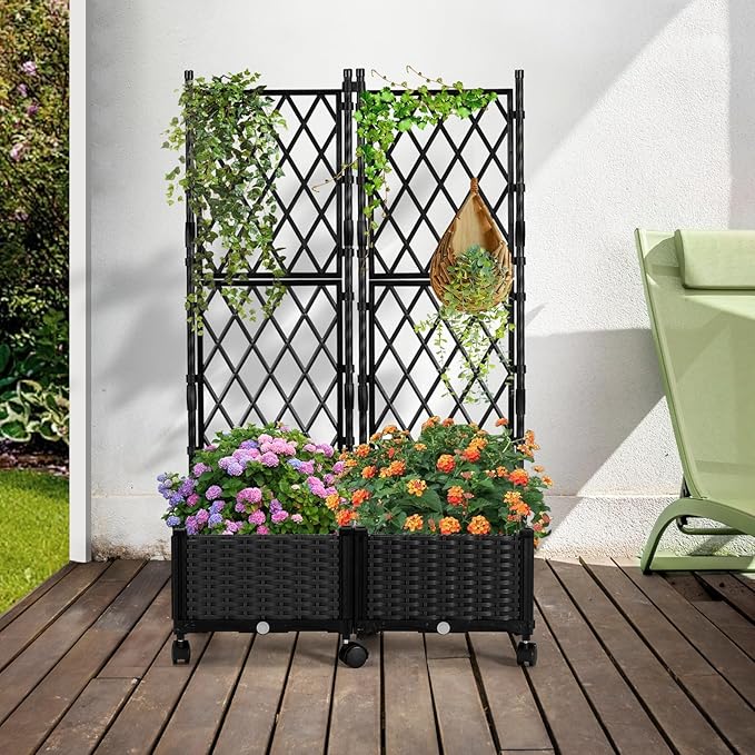 Planter Box with Trellis, 4ft Tall Self-Watering Plastic Raised Garden Beds and Lattice Trellis with Lockable Wheels & Drain Plug for Outdoor Patio Backyard Balcony, Black, 2 Pcs