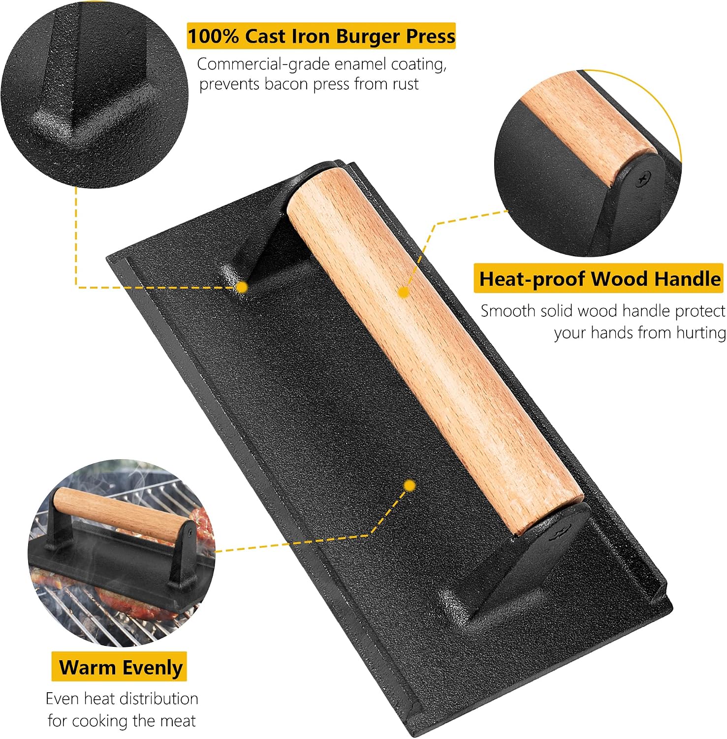 Leonyo 2Pcs Heavy Duty Smash Burger Press, Round Cast Iron Grill Bacon Press for Griddle Flat Top Grill, Rectangular Hamburger Smasher for Griddle, Steak, Sandwich