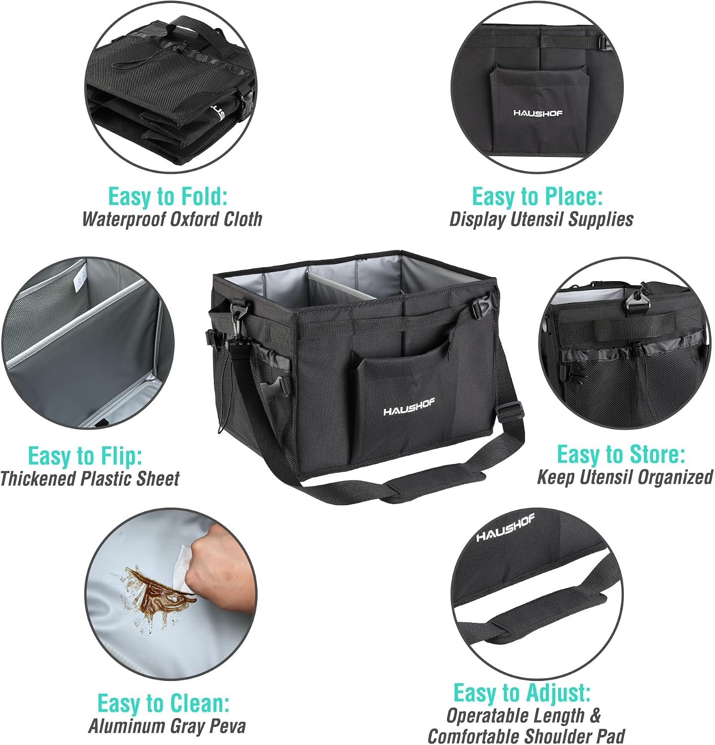 HAUSHOF Large Grill and Picnic Caddy with Paper Towel Holder | Condiment Pocket, Foldable BBQ Organizer Easy Carry Griddle Caddy for Camping, RV, Outdoor Waterproof Oxford Cloth (Black)
