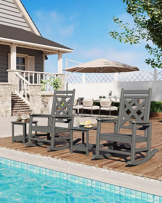 GarveeLife Outdoor Rocking Chair Set of 4, HDPE Weather Resistant Patio Rocking Chair Porch Rocker with Wood Texture & 380 LBS Support for Deck, Pool, Backyard, Gray