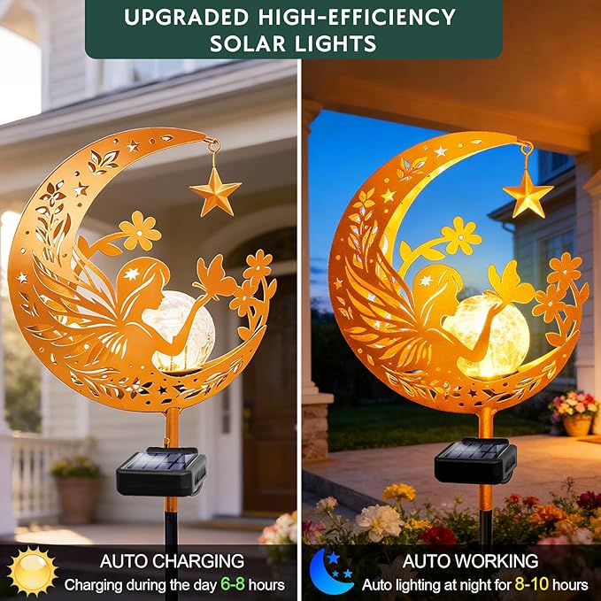 ZNYCYE Solar Lights Outdoor Decorative Moon Angel Solar Stake Lights Pathway Lights, Birthday Gifts for Women mom Grandma,Fairy Garden Decor Waterproof for Walkway, Yard, Lawn, Patio (Warm White)