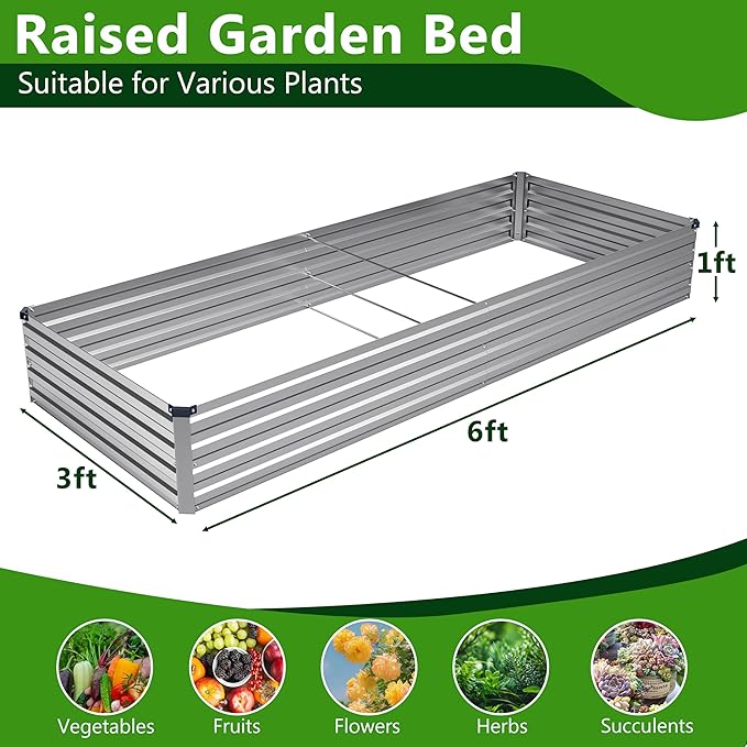 2PCS 6x3x1ft Galvanized Raised Garden Bed Kit,Metal Planter Box for Vegetables,Flowers,Herbs Durable Rust-Resistant Patio Gardening Beds,Silver