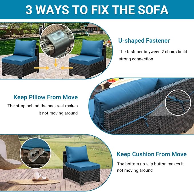Jing's Villa 9-Piece Patio Furniture Set, All-Weather Outdoor Wicker Sectional Sofa with Cushions, Tempered Glass Table & Ottoman, Rattan Conversation Seating for Porch, Garden, Backyard,Peacock Blue