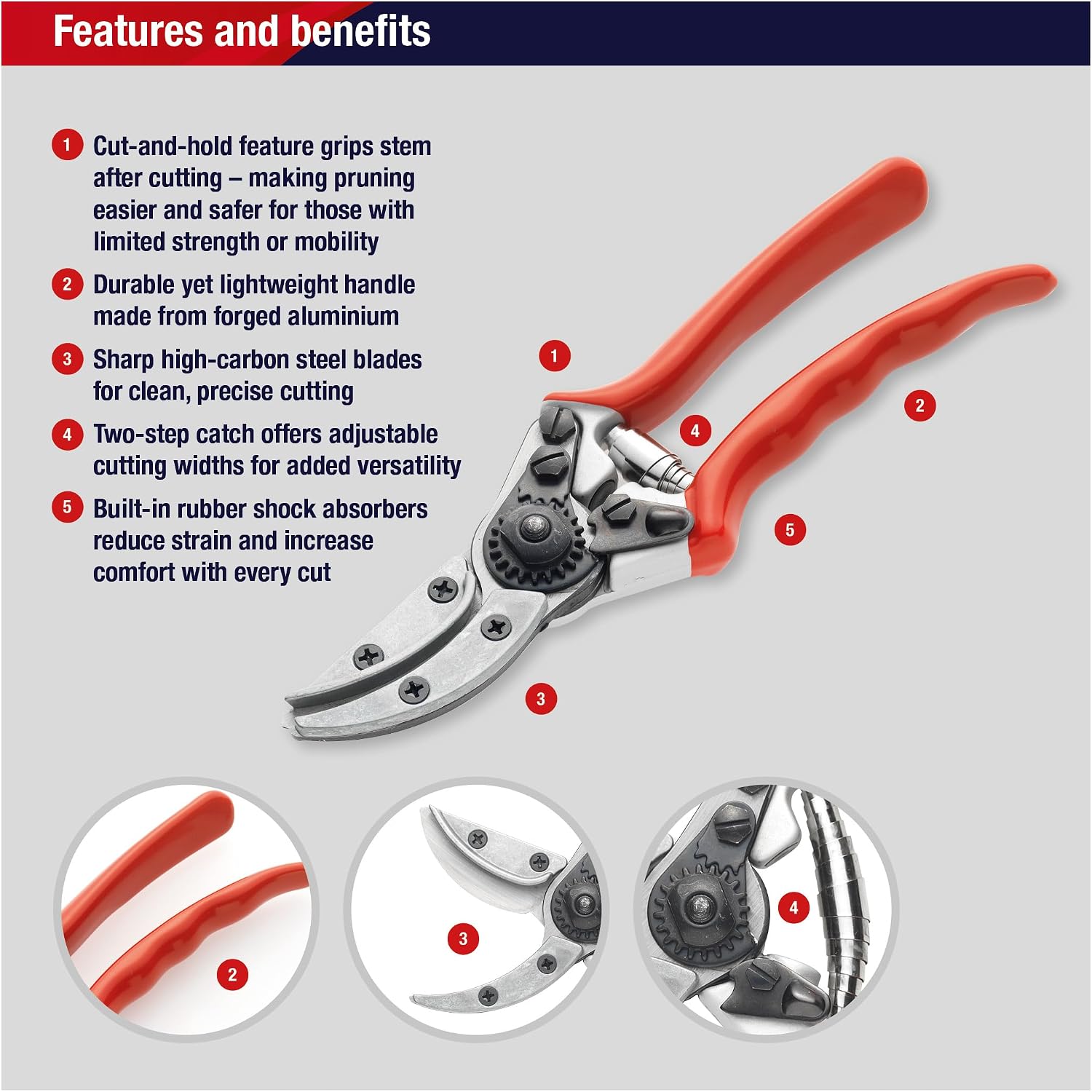 Spear & Jackson 6960CHBS Razorsharp Bypass Cut & Hold Secateurs with High Carbon Steel Blades, Lightweight Forged Aluminium Handle, Adjustable Catch & Shock Absorber