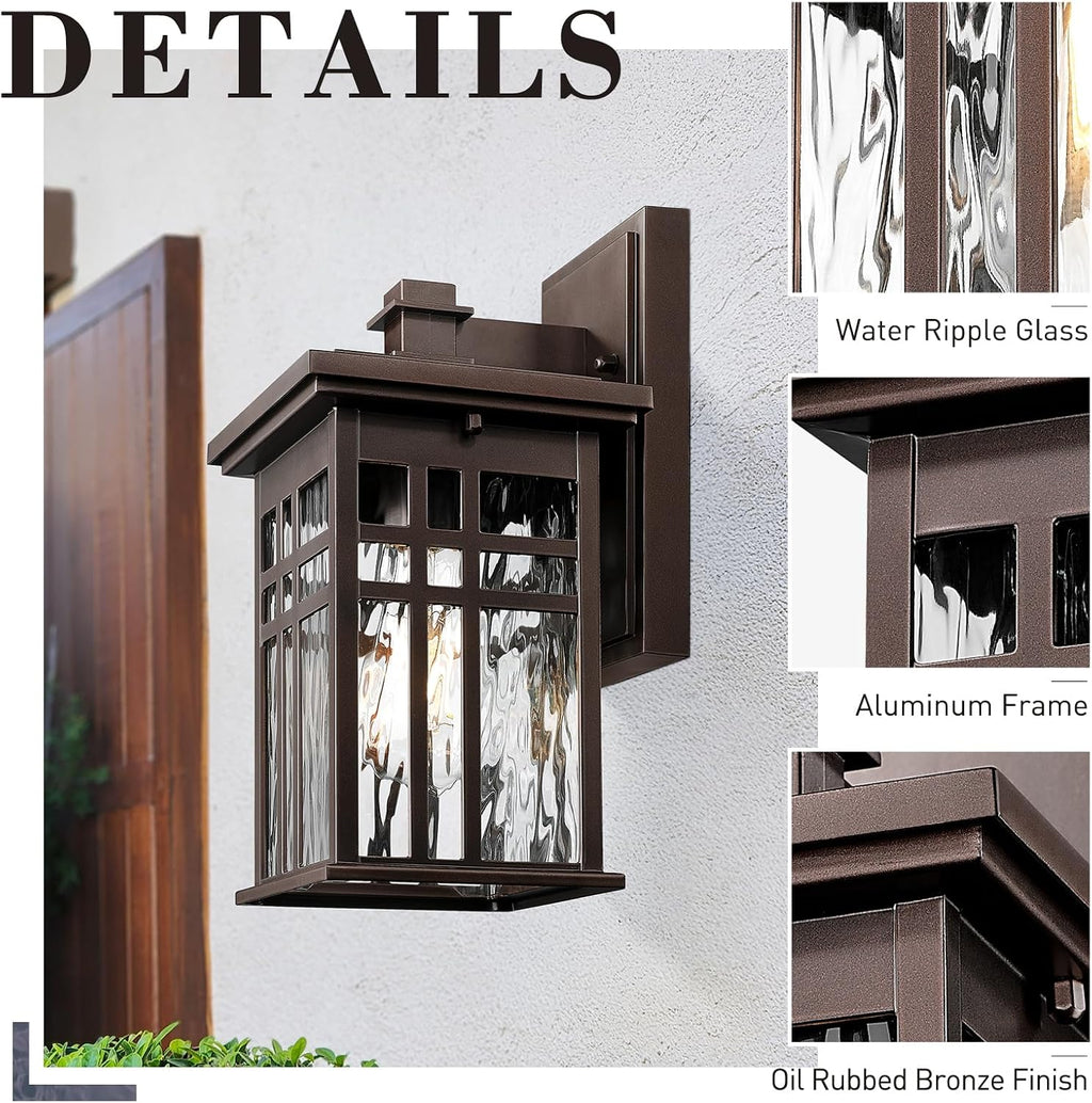 zeyu 12 Inch Patio Wall Light Fixture, 2 Pack Outdoor Modern Wall Lights, Die-Cast Aluminum, Oil Rubbed Bronze Finish with Water Ripple Glass Glass, 20068B1-2PK ORB WP