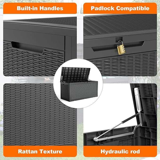 100 Gallon Outdoor Deck Box, Lockable Waterproof Outdoor Storage Boxes For Garden Tools,Indoor Cushions,Accessories Outside Storage Resin Weatherproof Container(Black)
