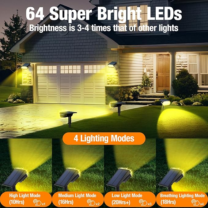 2 Pack Solar Spot Lights Outdoor 1000 Lumens, 64 LEDs IP67 Waterproof Landscape Lighting with 4 Modes - 2-in-1 Solar Spotlight & Pathway Light for Garden, Yard, Patio Decor, Warm White