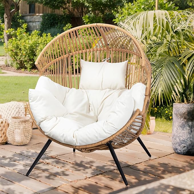 Vongrasig Outdoor Wicker Egg Chair PE Rattan Chair with Cushion, Oversized Patio Lounge Chair for Outdoor, Indoor, Balcony, Backyard, Garden, Beige