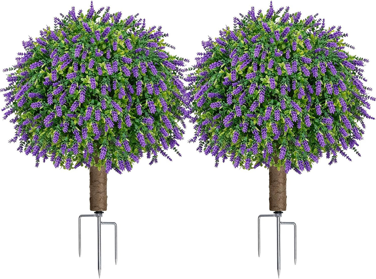 24.7" artificial boxwood topiary ball trees with lavender, main product view