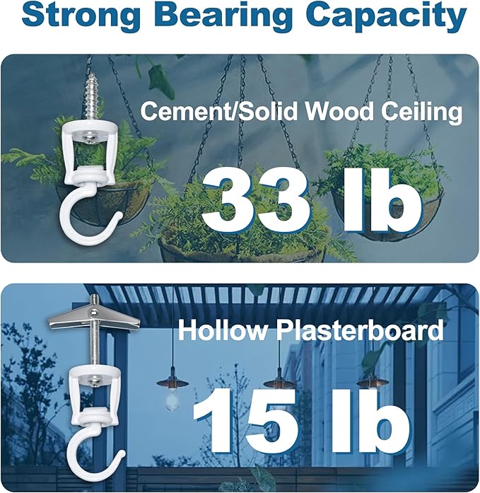 ONIKK Ceiling Hooks for Hanging Plants (6 PCS White), Heavy Duty Metal Plant Hooks, Screw in Hooks for Hanging Birdfeeders, Lamps, Planters, Indoor Outdoor Wall Baskets Hooks up to 33 lbs