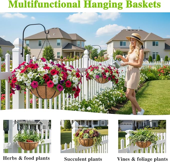 4 Pack Hanging Planter Basket Outdoor Large Hanging Flower Pots Indoor 12 inch with Coco Coir Liner Round Wire Plant Holder Chain Hanging Basket Garden for Home Decor Balcony Office1