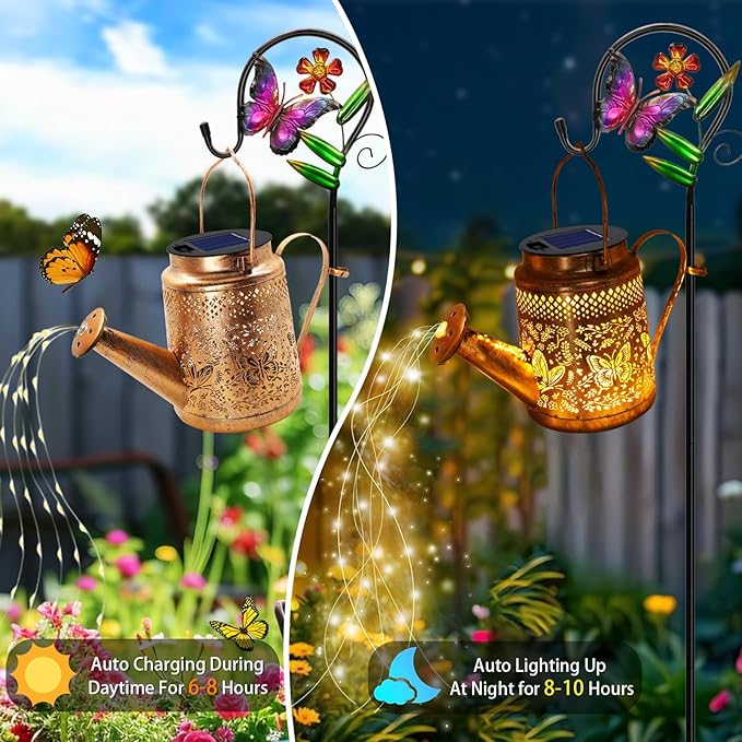 2 Pack Solar Powered Butterfly Watering Can Lights Waterproof Outdoor Decor with Shepherd Hook Hanging Patio Lights for Yard, Garden, Backyard Perfect Gardening Christmas Gift for Women, Mom, Grandma
