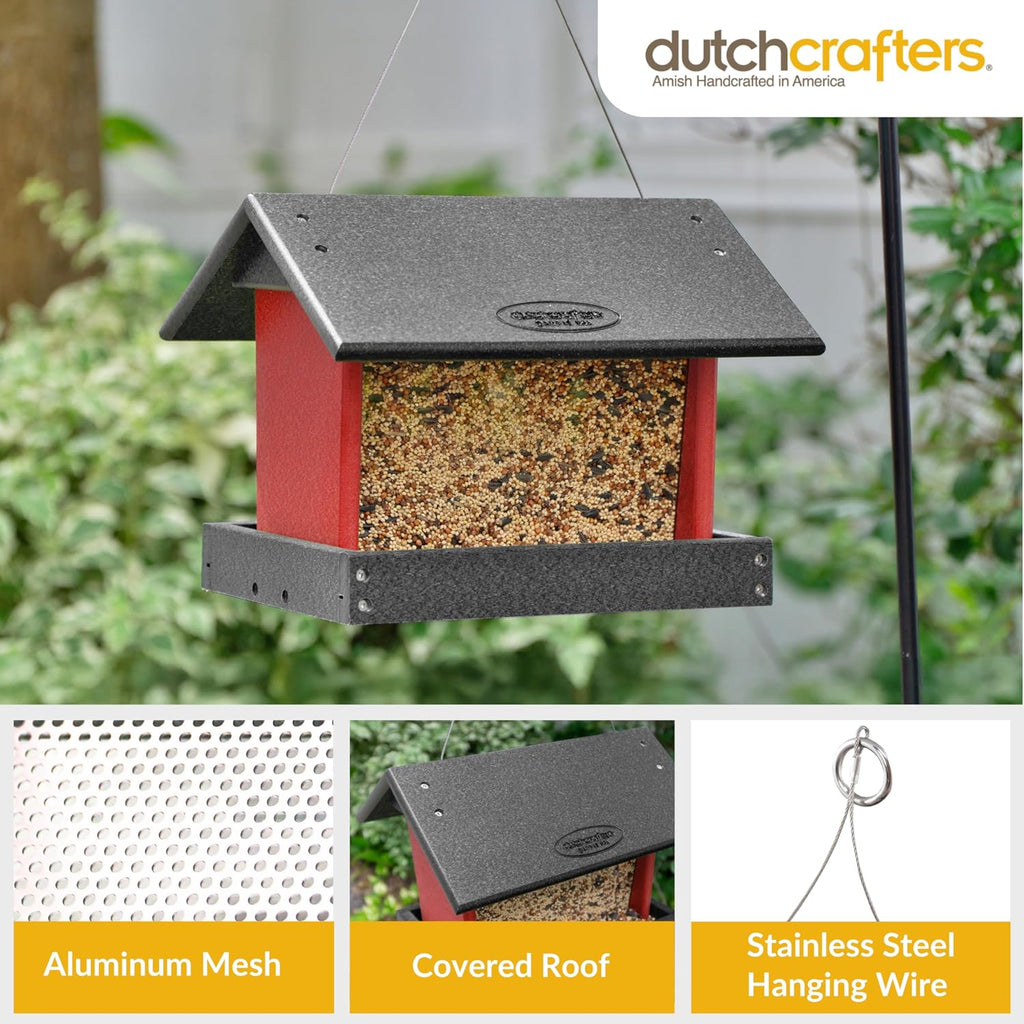 Poly Hanging Hopper Bird Feeder, Large Bird Feeder for Outside, Outdoors - Amish American Made (Hanging, Black & Red)
