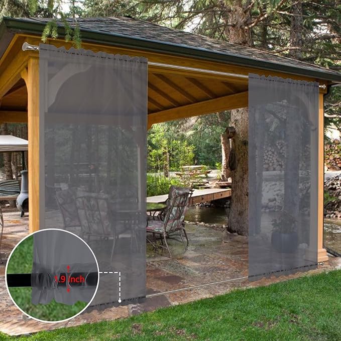 SpaceDresser Waterproof Outdoor Sheer Curtains for Patio - 2 Panels Rod Pocket Indoor Voile Sheer Curtain for Living Room,52W x 108L inch, Grey