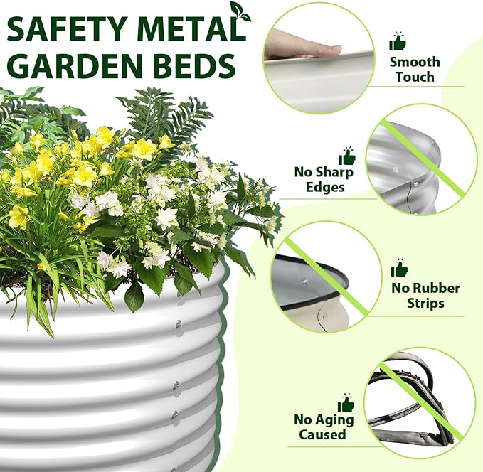 A ANLEOLIFE 12-Set 8X4X2 ft Galvanized Raised Garden Bed Kit, Oval Metal Deep Root Planters for Outdoor Plants, Antique White