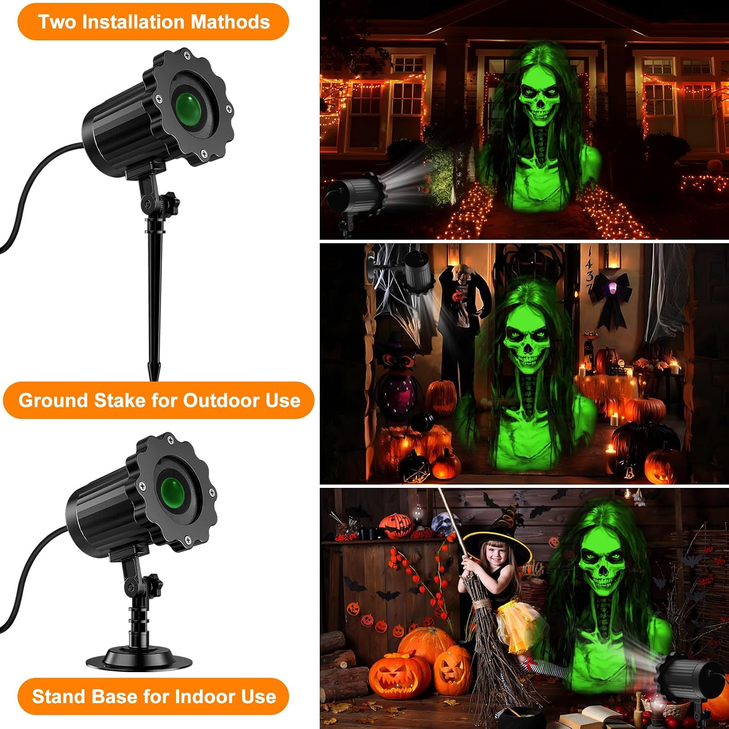 Halloween Projector Outdoor, 2026 Upgraded 3D Dynamic Skull HD Patterns,Clearer Holiday Light Ideal for Window Wall Displays and Halloween Garage Door Cover Projections
