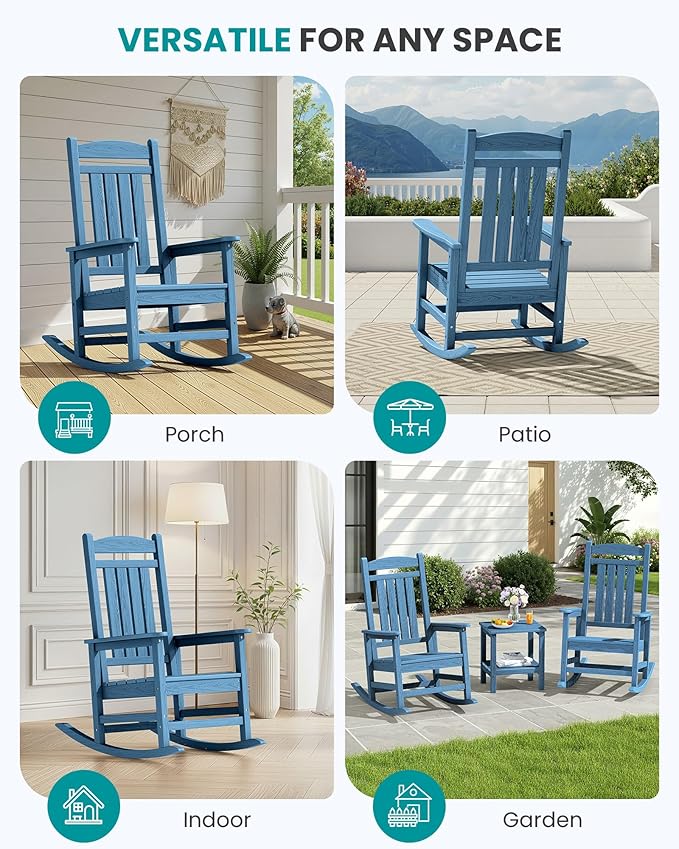 SERWALL Rocking Chairs Set of 4, HDPE Outdoor Rocking Chair, All-Weather Porch Rockers for Patio, Blue