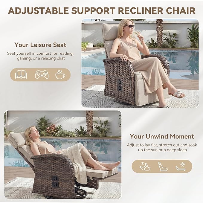 Zero Gravity Patio Swivel Rocking Recliner Chair - Wicker Outdoor Lounge Chair with Adjustable Backrest & Footrest, All Weather Reclining Rocker Chairs with Thick Cushion for Pool Deck Beige