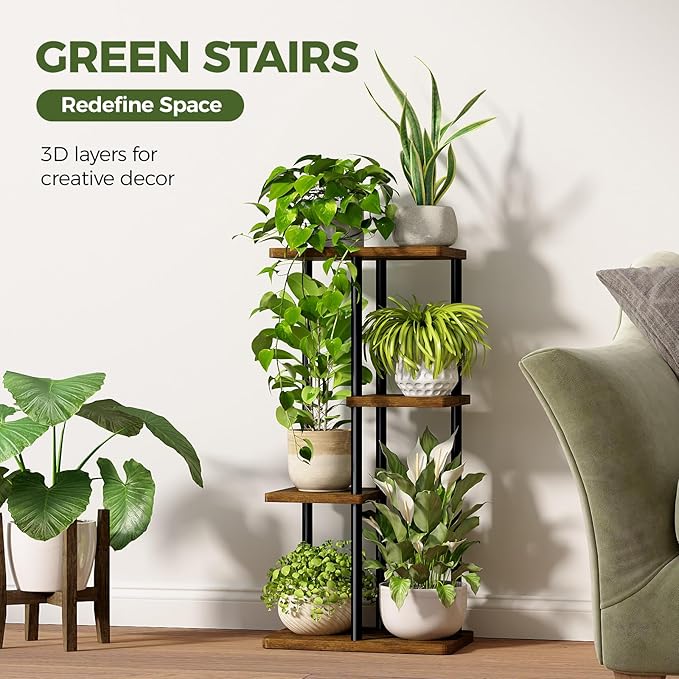 Bamworld Plant Stand Indoor, Corner 4 Tier Metal Plant Shelf for Multiple Plants, Tiered Flower Pot Stands for Patio Garden Balcony Living Room Bedroom, Brown