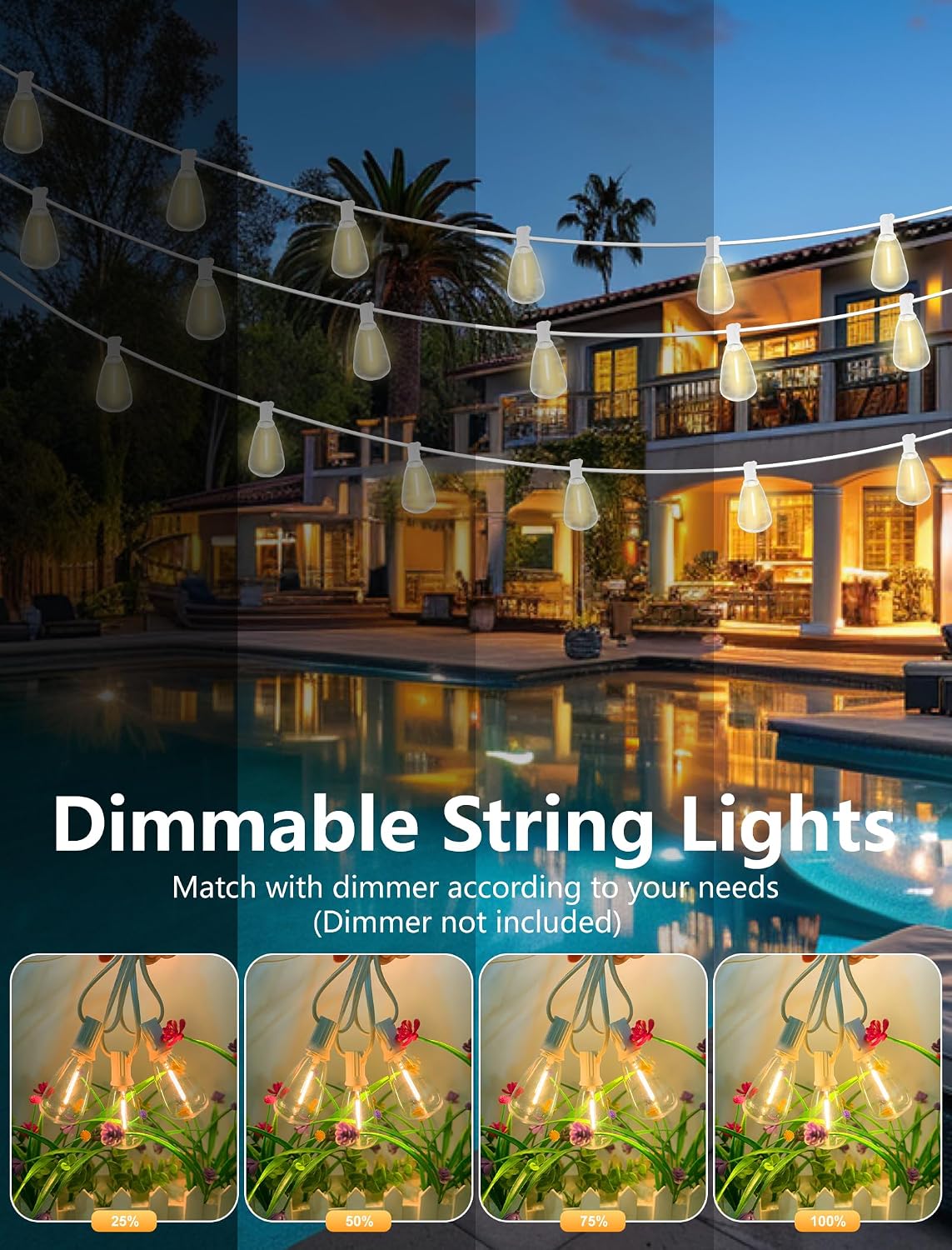 100FT Outdoor LED String Lights, White String Lights with 50 Shatterproof ST35 LED Vintage Edison Bulbs, Waterproof Hanging Patio Lights for Outside Backyard Garden