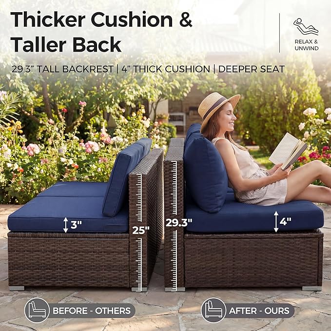 NICESOUL 7 Pcs Patio Conversation Set with Fire Table Natural Gas & Propane, 29.3'' High Backres Outdoor Sectional Sofa Sets, Large Deep Sitting Furniture for Exteriors, Brown Rattan and Blue Cushion
