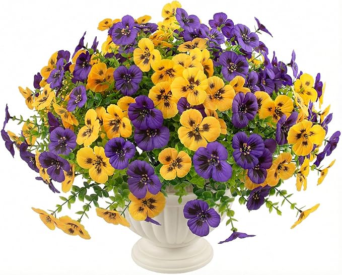 18 Pcs Artificial Fake Pansy Flowers for Outdoor, Faux UV Resistant Silk Pansies Flowers for Outside Planter Front Door Porch Yard Patio Window Box Home Decor (18, Yellow,Purple)