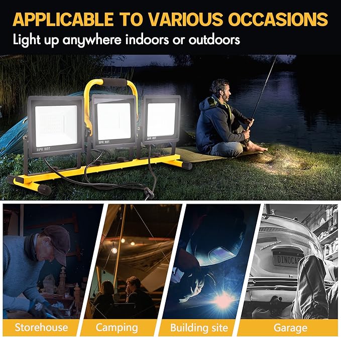 22000 Lumen Work Lights with Stand, 3 Head Portable LED Work Light, with Adjustable&Foldable Tripod Stand, IP66 Waterproof Lamp for Outdoor Indoor Job Site Workshop Garage Construction Site Lighting