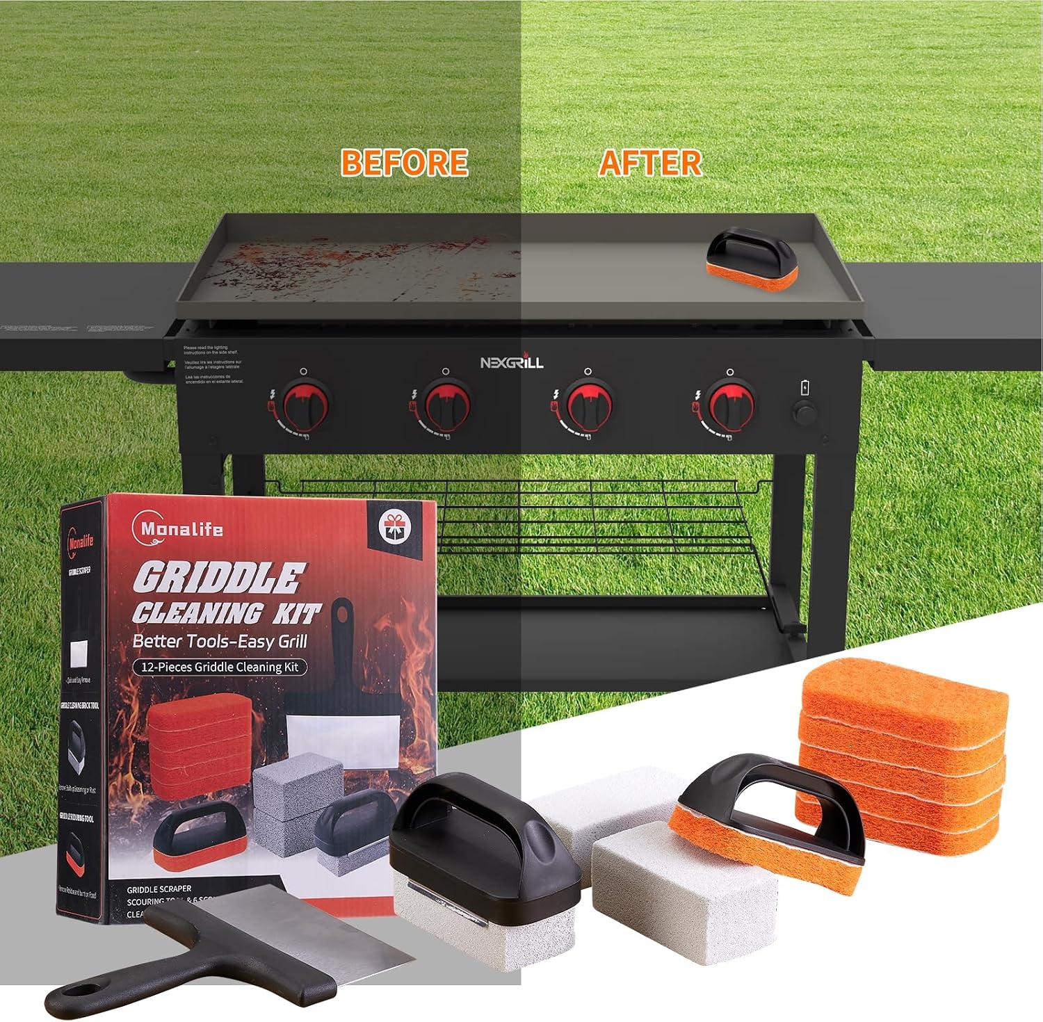 12 Pcs Griddle Cleaning Kit for Blackstone, Heavy Duty Grill Brush | Flat Top Grill Cleaning Kit with Grill Stone, Griddle Scraper & Griddle Brush, Easy to Remove Stain, BBQ Accessories