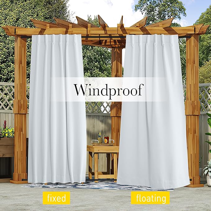 NICETOWN Blackout Outdoor Curtains for Patio Windproof 2 Panels Top & Bottom Pocket & Back Tab, Thermal Fixed Waterproof Safe Drapes Keep Privacy for Yard/Porch, Greyish White, W52 x L108