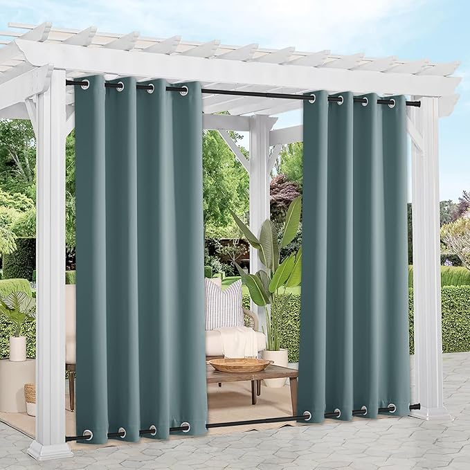 NICETOWN Greyish Blue Outdoor Patio Curtains 2 Panels Windproof Top & Bottom Grommet, Thermal Insulated Light & Cold Blocking Windproof Weighted Outdoor Drapes Privacy for Gazebo/Porch, W52 x L84