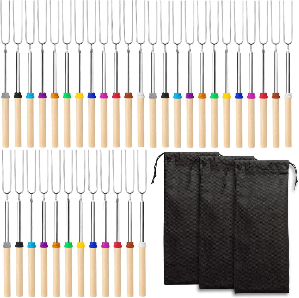 Eccliy 36 Pcs Roasting Sticks Campfire Smores Skewers for Fire 32 Inch Long Extendable Fork Smores Sticks with Wooden Handle 3 Pcs Storage Bag for Cooking Grill Hot Dog Camping Accessories