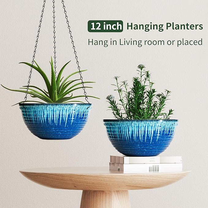 12 inch Large Hanging Planters for Indoor Outdoor Plants, Set of 2 Glazed Hanging Flower Pots with Drainage Hole, Hanging Baskets for Garden Home Porch Decor
