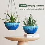12 inch Large Hanging Planters for Indoor Outdoor Plants, Set of 2 Glazed Hanging Flower Pots with Drainage Hole, Hanging Baskets for Garden Home Porch Decor