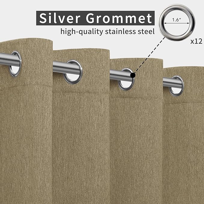 Easy-Going Linen Look Outdoor Curtains Waterproof Windproof Porch Curtains, Soft Thicken Outdoor Privacy Curtains for Patio, Gazebo, Grommet Top and Tab Bottom Drape, 1 Panel, 110x108 inch, Khaki
