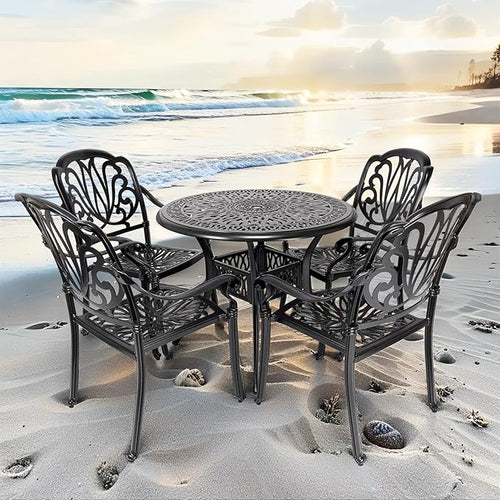 35" Outdoor Dining Table, Cast Aluminum Patio Bistro Table with 2.44" Umbrella Hole, Patio Furniture for Backyard Garden, Black