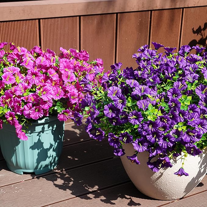 Artificial Flowers for Outdoors, UV Resistant Fake Silk Morning Glory, Realistic Faux Plants for Outside Porch Patio Window Box Hanging Planter (16, Purple Fuchsia)
