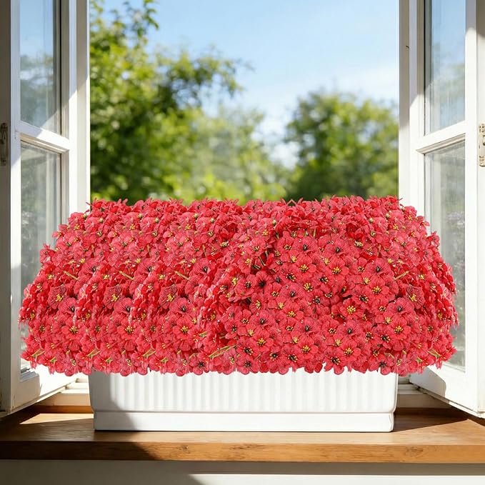 60 Pack Artificial Flowers for Outdoor Indoor Fake Plants, Faux Silk Flowers for Outdoors Outside Front Porch Hanging Planter Window Box Garden Spring Decoration(Red)