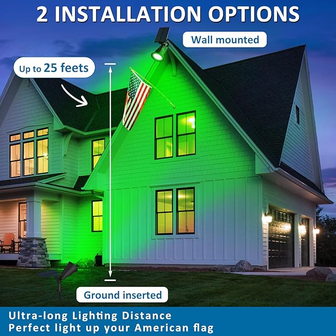 T-SUNUS Green Solar Spot Lights Outdoor 2 Pack, IP65 Waterproof Garden Spotlights Auto On/Off for St Patricks Day Halloween Christmas, Security Landscape Spotlight for Tree Patio Yard Driveway Pond