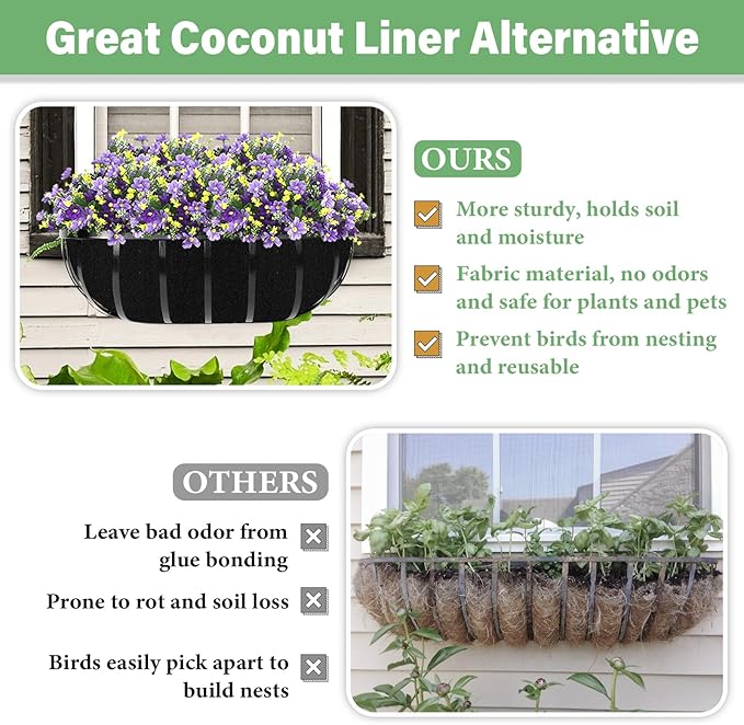 Riare 4 Pack 24 Inch Black Felt Window Box Liners- Fabric Trough Planter Basket Liners Replacement, Non-Woven Hanging Plant Liner for Wall Hanging Basket, Garden Fence Railing (Avoid Bird Nesting)