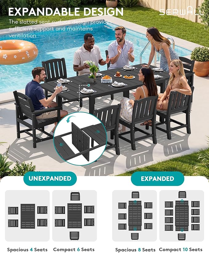 SERWALL 11-Piece Outdoor Dining Set, 60" - 83" Expandable Outdoor Dining Table and 10 HDPE Chairs, All Weather HDPE Outdoor Furniture Set for Backyard, Garden, Black