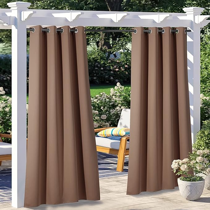 NICETOWN 2 Panels Blackout Outdoor Curtains for Patio Waterproof, Thermal Insulated Silver Rustproof Grommet Blackout Indoor Outdoor Curtains/Drapes for Pergola, W52 x L95, Tan