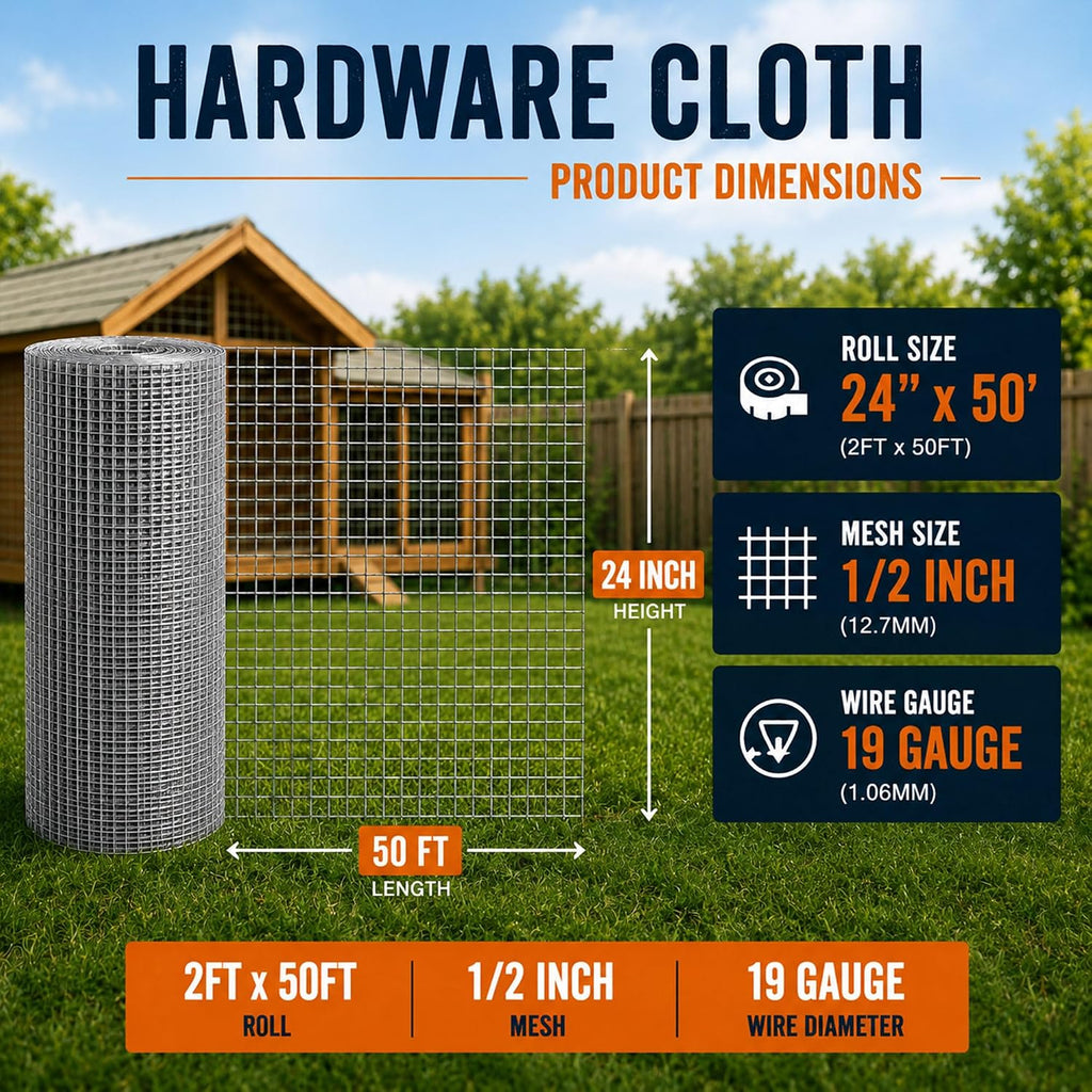 1/2in Hardware Cloth 24in x 50ft 19gauge Hot-Dip Galvanized Wire Mesh Roll | Heavy Duty Chicken Wire Fencing Rabbit Cage Mesh Garden Fence Chicken Coop Snake Barrier