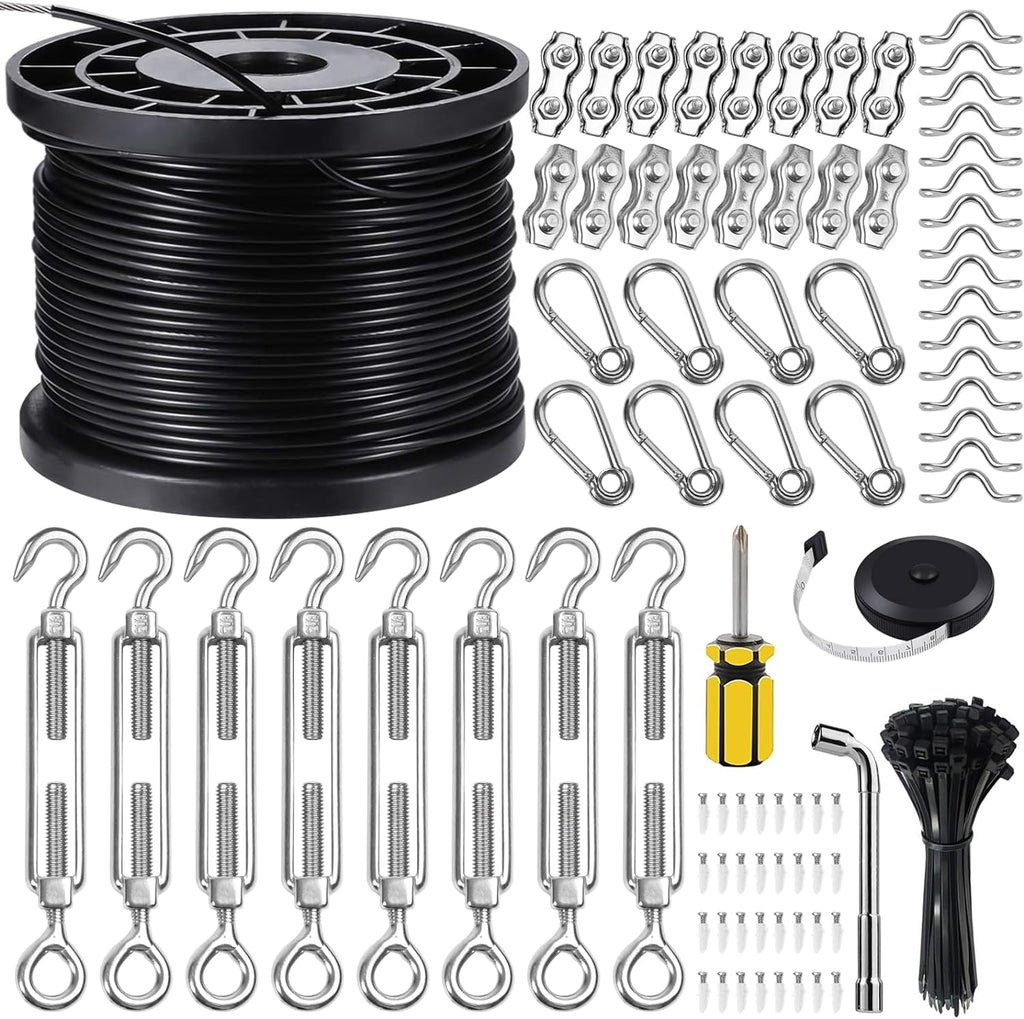BLIKA String Light Hanging Kits, 400FT Coated Stainless Steel 304 Wire Rope, Outdoor Light Guide Wire, Globe String Light Suspension Kit Included Turnbuckles, Enough Accessories, Use Manual